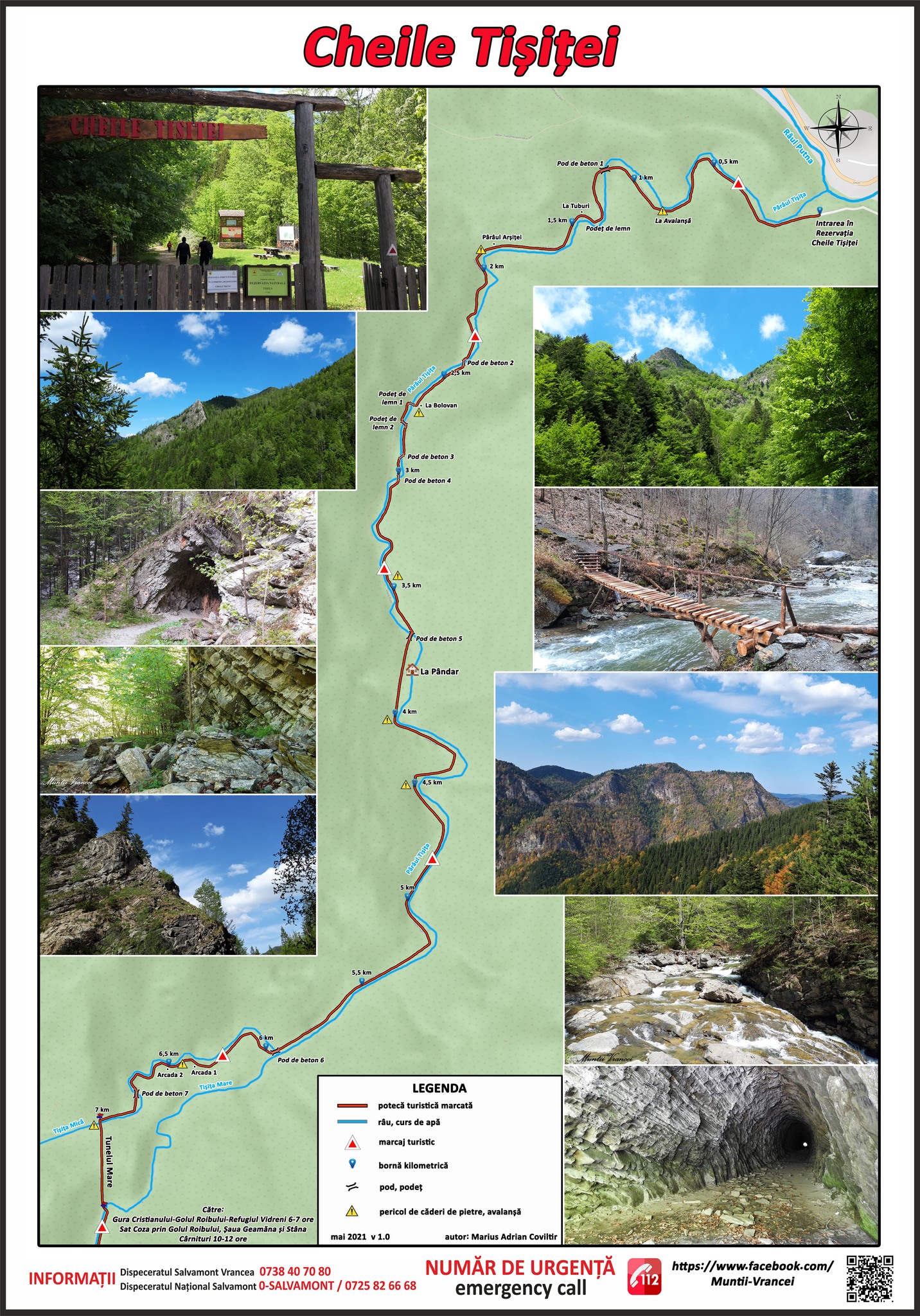 Munții Vrancei / Mapa soutěsky Cheile Tișiței se snímky některých zajímavých míst.